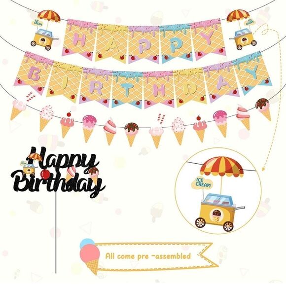 NWT Ice Cream Theme Party supplies - Ice Cream Themed Happy Birthday Banner - Picture 3 of 7